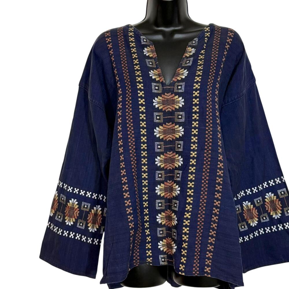 Vtg 90s Handmade Western Boho Blouse XL Indigo Blue Embroidered Tribal Folk Art